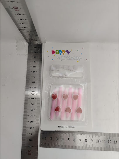 Set 6 Lumanări De Ziua De Naștere Model Creion Inimi 5.9 X 1.1 Cm Ceară Roz