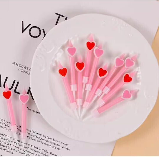 Set 6 Lumanări De Ziua De Naștere Model Creion Inimi 5.9 X 1.1 Cm Ceară Roz