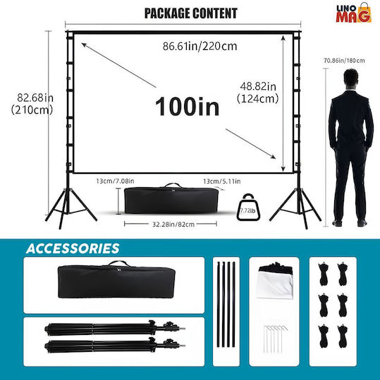 Ecran Proiecție 100 Inch Trepied Linomag Proiecție Față Spate Format 16:9 4K HD Unghi Larg 160° Ideal Pentru Utilizare Interioară Exterioară Pliabil Instalare Rapidă Husă Transport Inclusă Alb