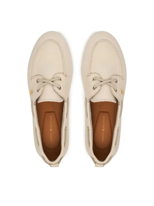 Leather Women's Boat Shoes in Beige Color