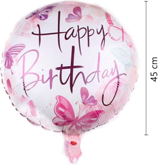 Balon Rotund Zi De Naștere Fluturi Folie Roz 45 cm