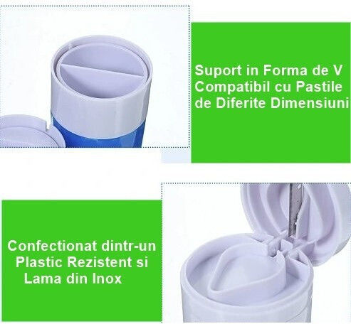 Cutie Multifuncțională Pentru Pastile Alista Home 4 În 1 Pahar Pentru Apă Tăiere Zdrobire Depozitare Compactă ABS Lamă Din Oțel Inoxidabil Alb Albastru 8.7x6.2x4.1 Cm