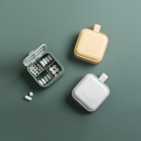 Cutie Mini de Depozitare Medicamente Alista Home 4 Compartimente Închidere Etanșă Portabilă Pătrată Galbenă Pp 7.5x7.5x3 Cm