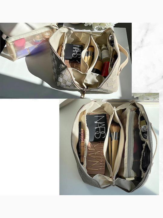 Geantă De Călătorie Pentru Cosmetice Alista Home Portabilă Impermeabilă Din Piele Eco Cu Compartimente Multiple Și Fermoar 22 X 13 X 12.5 Cm Albă În Carouri