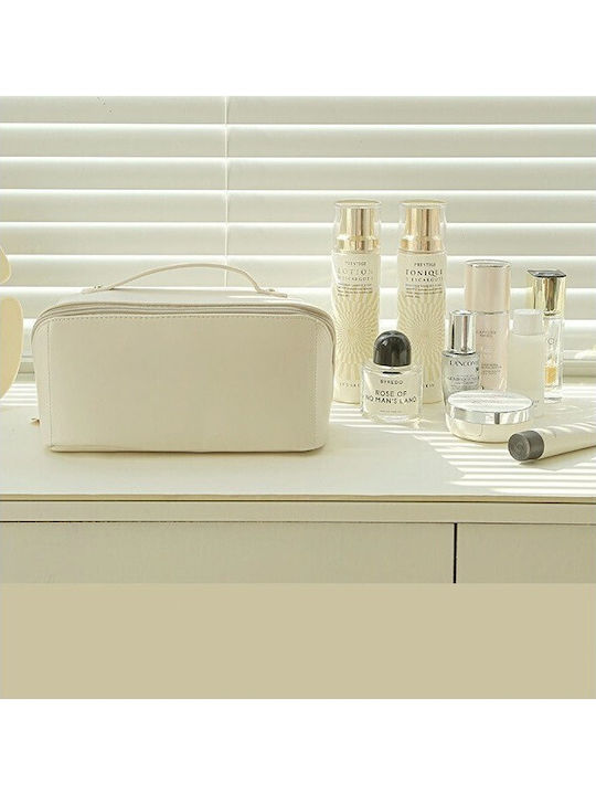 Geantă De Călătorie Pentru Cosmetice Portabilă Impermeabilă Din Piele Eco Cu Compartimente Multiple Și Fermoar 23 X 11.5 X 10.5 Cm Crem