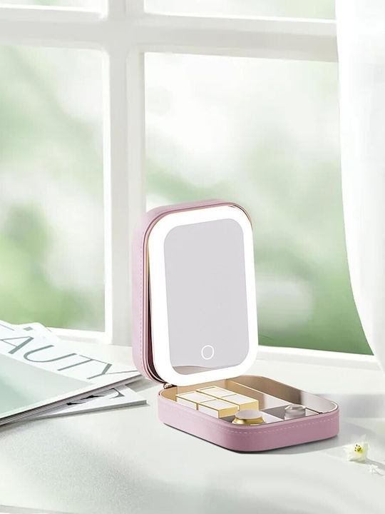 Neseser De Machiaj Alista Home Geantă Cosmetică Oglindă Led 3 Moduri De Lumină Încărcare Usb Baterie 1200 Mah Organizator De Cosmetice 4 Compartimente Piele Ecologică Roz 16.5x11.5x6 Cm