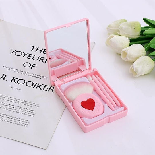 Set 4 Mini Makeup Brushes Alista Home Portable In Case Mirror Made Soft Synthetic Hair Pink Heart Design 12x7x2.5 Cm