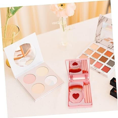 Set 4 Mini Makeup Brushes Alista Home Portable In Case Mirror Made Soft Synthetic Hair Pink Heart Design 12x7x2.5 Cm
