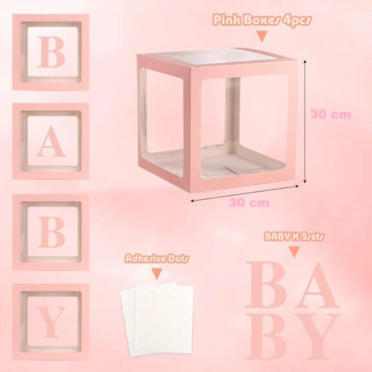Set 4 Cutii Pentru Baloane Alista Home Baby Script Design Temă Dragoste Cuburi Decorative Din Plastic Accesorii Pentru Petreceri 30 X 30 Cm Contur Roz Transparent