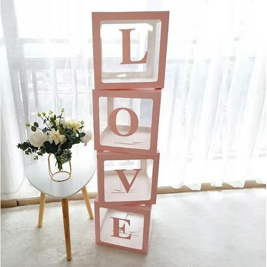 Set 4 Cutii Pentru Baloane Alista Home Design Script Dragoste Tematică Dragoste Cuburi Decorative Din Plastic Accesorii Pentru Petreceri 30 X 30 Cm Contur Roz Transparent