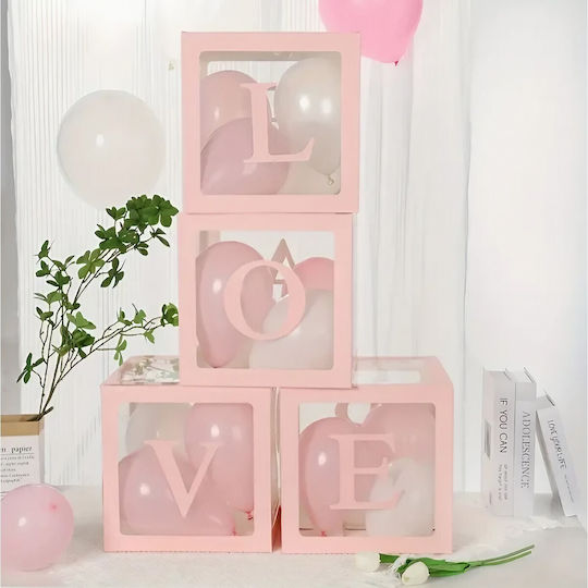 Set 4 Cutii Pentru Baloane Alista Home Design Script Dragoste Tematică Dragoste Cuburi Decorative Din Plastic Accesorii Pentru Petreceri 30 X 30 Cm Contur Roz Transparent