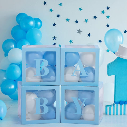 Set 4 Cutii Pentru Baloane Alista Home Baby Script Design Temă Dragoste Cuburi Decorative Din Plastic Accesorii Pentru Petreceri 30 X 30 Cm Contur Albastru Transparent