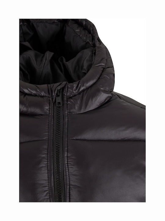 Kids Quilted Long Coat with Hood Black