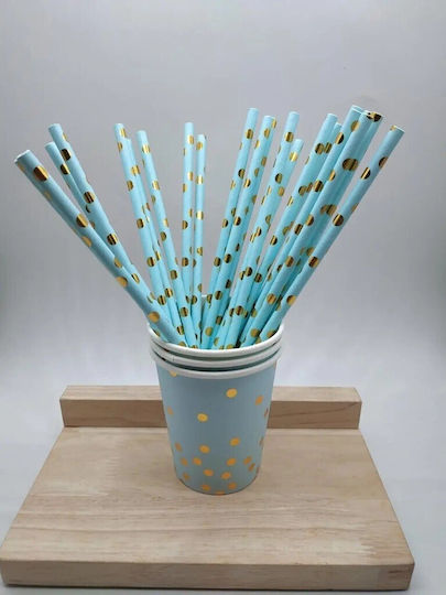Set 10 Straws Alista Home Paper 19.5 Cm Blue Gold Polka Dot Pattern