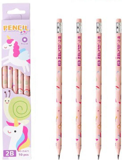 Set 10 Creioane Negre 2B Pentru Școală Cu Gumă Roz Design Unicorn Alista Home