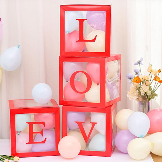 Set 4 Cutii Pentru Baloane Alista Home Design Script Dragoste Temă Dragoste Cuburi Decorative Din Plastic Accesorii Pentru Petreceri 30x30 Cm Transparent Contur Roșu