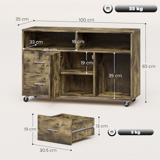 Cabinet De Birou Din Lemn Cu Roți Și Sertare Maro 100x35x65cm