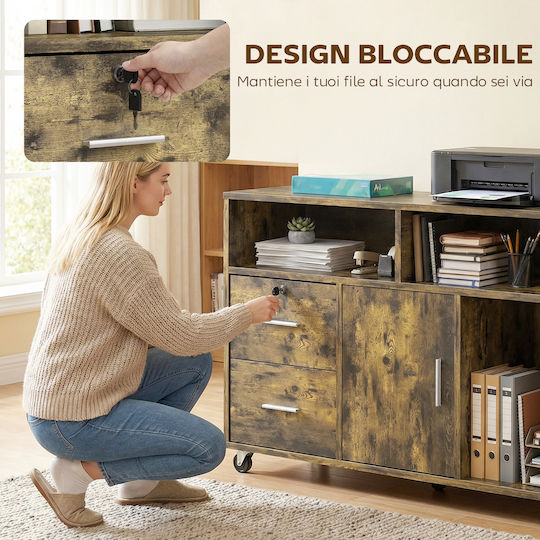 Cabinet De Birou Din Lemn Cu Roți Și Sertare Maro 100x35x65cm