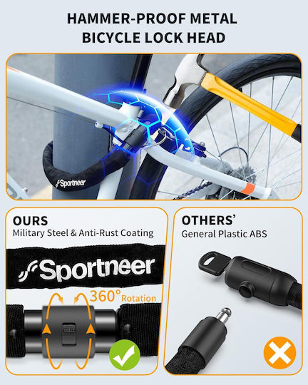 Sportneer Încuietoare Antifurt Pentru Bicicletă Siguranță Ridicată Grosime 8 Mm 2 Chei Lungime 1 M Neagră