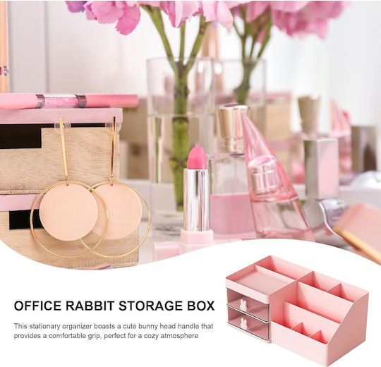 Cutie de Depozitare pentru Birou Alista Home Organizator pentru Machiaj și Papetărie Cosmetice 2 Sertare Compartimente Multiple Model Iepuraș Plastic 27.5x15.5x12 Cm Roz