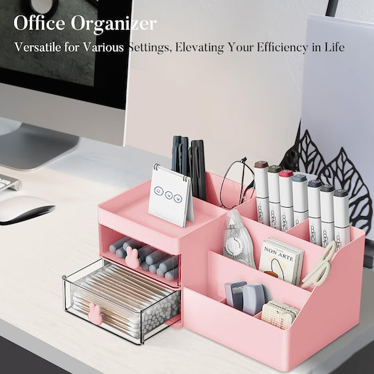 Cutie de Depozitare pentru Birou Alista Home Organizator pentru Machiaj și Papetărie Cosmetice 2 Sertare Compartimente Multiple Model Iepuraș Plastic 27.5x15.5x12 Cm Roz