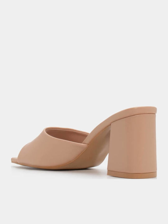 Women's Mules with Chunky High Heel in Beige Color