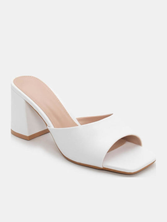 Women's Mules with Chunky High Heel in White Color