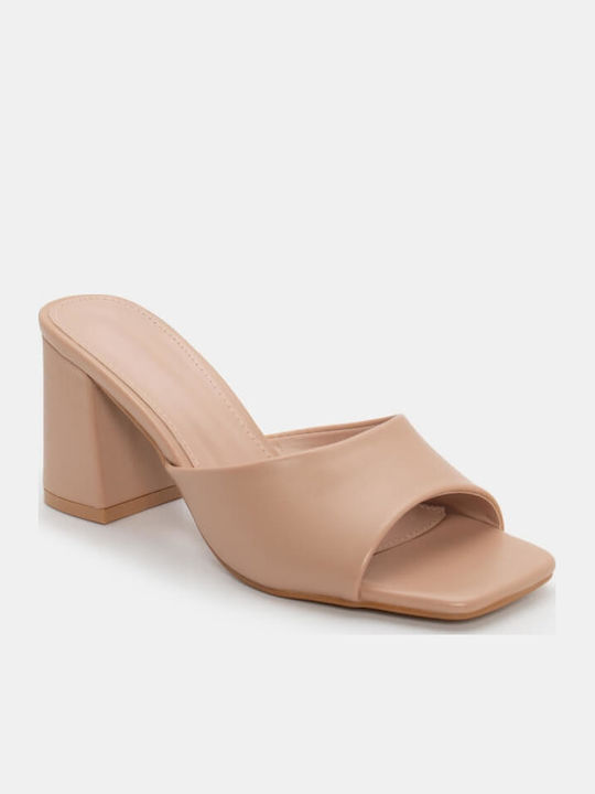Women's Mules with Chunky High Heel in Beige Color