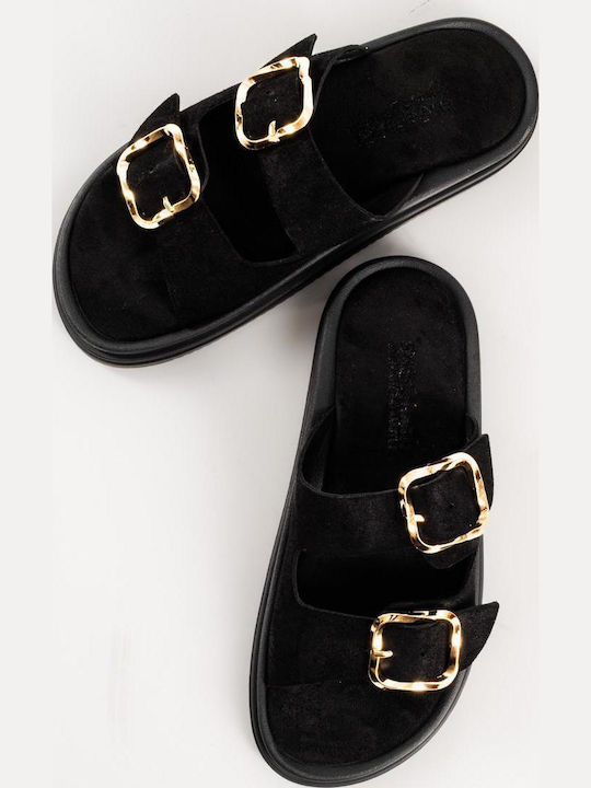 Δερμάτινα Γυναικεία Σανδάλια Flatforms Μαύρα