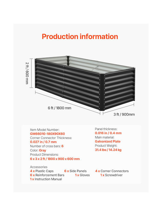 Vevor Blumenkasten Metallisch Dark Gray 180x90x60cm.