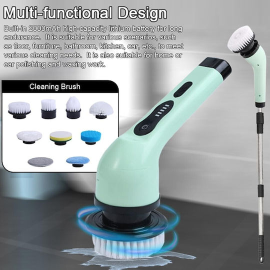 Perie Electrică de Curățare Alista Home pentru Faianță Baie Bucătărie 25x20x9,5 Cm 9 Capete Detasabile Mâner Extensibil 84-127cm Încărcare Usb Tip C Rotire 360 Grade 3000 Mah Culoare Verde