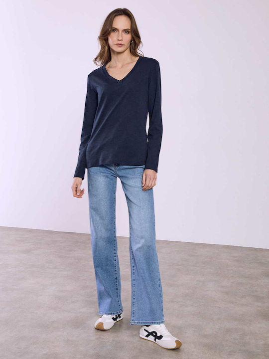 Celestino Women's Long Sleeve Cotton Blouse Dark Blue
