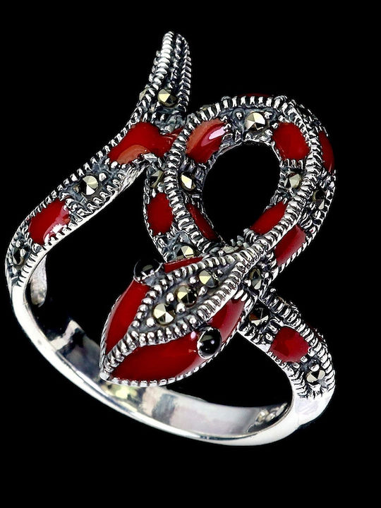 925 Stunning Silver Enamel Natural Marcasite Ring Size 17 Snake