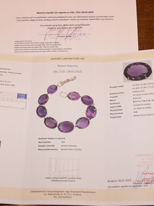 Elegant Bracelet Natural Impressive 130 Ct Amethysts Silver Certificate