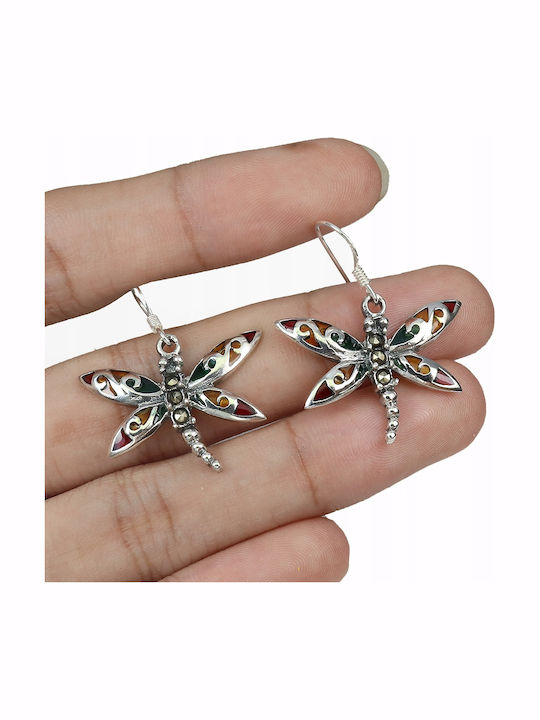 Silver 925 Enamelled Natural Marcasite Dragonfly Earrings 5