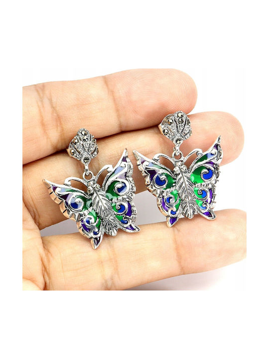 Silver 925 Enamel Earrings Natural Marcasite Butterfly 5