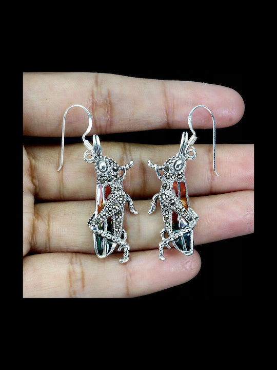 925 Silver Enamel Earrings Natural Marcasites Grasshopper 5