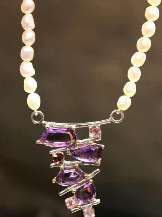 Silver Necklace Natural Amethysts Pearls Spinels