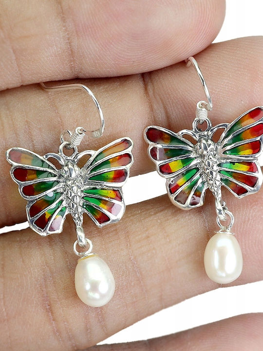Silver 925 Enamel Earrings Natural Pearls Butterfly 1