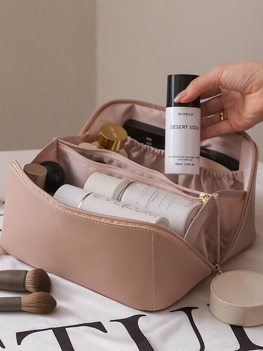 Geantă De Călătorie Pentru Cosmetice Portabilă Impermeabilă Din Piele Eco Cu Compartimente Multiple Și Fermoar 23 X 11.5 X 10.5 Cm Roz