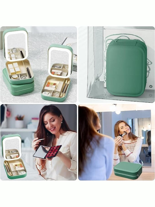 Neseser De Machiaj Alista Home Geantă Cosmetică Oglindă Led 3 Moduri De Lumină Încărcare Usb Baterie 1200 Mah Organizator Cosmetice 4 Compartimente Piele Ecologică Verde 16.5x11.5x6 Cm