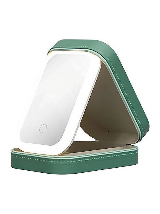 Neseser De Machiaj Alista Home Geantă Cosmetică Oglindă Led 3 Moduri De Lumină Încărcare Usb Baterie 1200 Mah Organizator Cosmetice 4 Compartimente Piele Ecologică Verde 16.5x11.5x6 Cm
