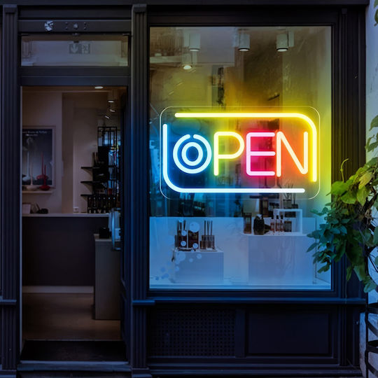Open Επιγραφή LED Μονής Όψης 40x36cm Μπλε / Κίτρινο / Ροζ