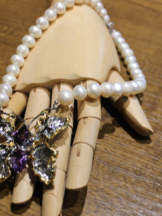 Silver Necklace Amethysts Emeralds Pearls