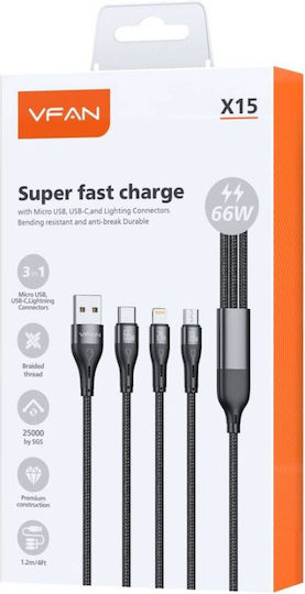 VFAN USB to Type-C / Lightning / micro USB Cable 3A Μαύρο 1m