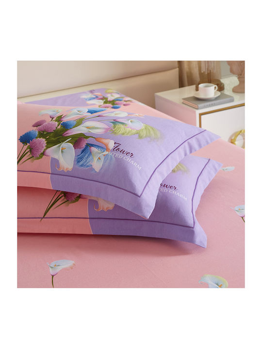 4 Seasons Collection Σετ Παπλωματοθήκη Φανελένια Υπέρδιπλη 220x240cm 2 Μαξιλαροθήκες & 1 Σεντόνι Ροζ Λιλά