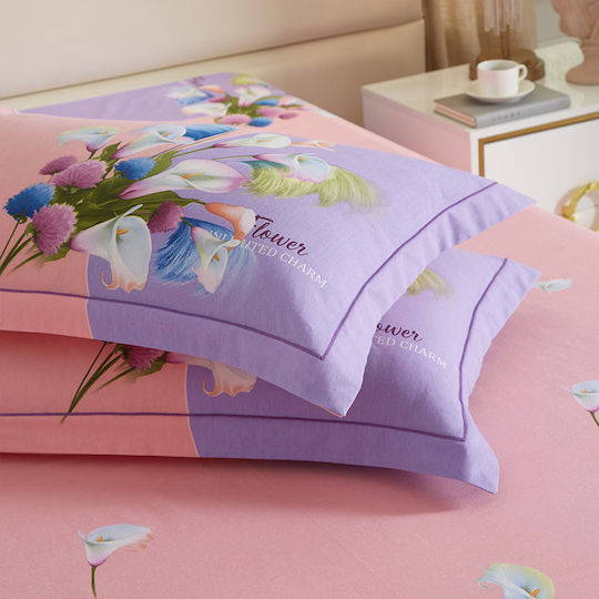 4 Seasons Collection Σετ Παπλωματοθήκη Φανελένια Υπέρδιπλη 220x240cm 2 Μαξιλαροθήκες & 1 Σεντόνι Ροζ Λιλά