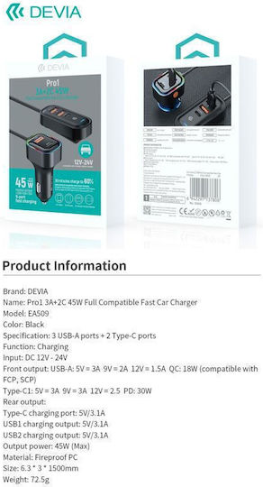 Devia Încărcător Auto 45W 3A Încărcare Rapidă cu Porturi 3xUSB 1xType-C Culoare Neagră