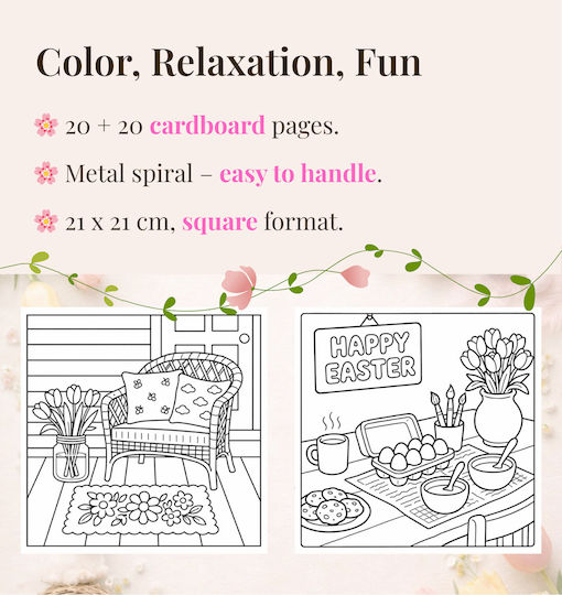 Set 2 Cărți De Colorat Anti-Stres Obro Primăvară Și Paște Adulți Copii 40 Pagini Groase 21x21 Cm