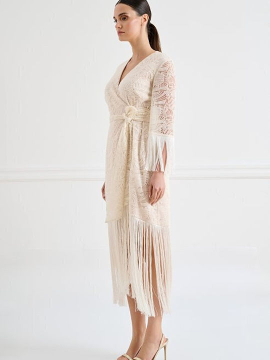 Midi Dress for Wedding / Christening with Lace Ecru